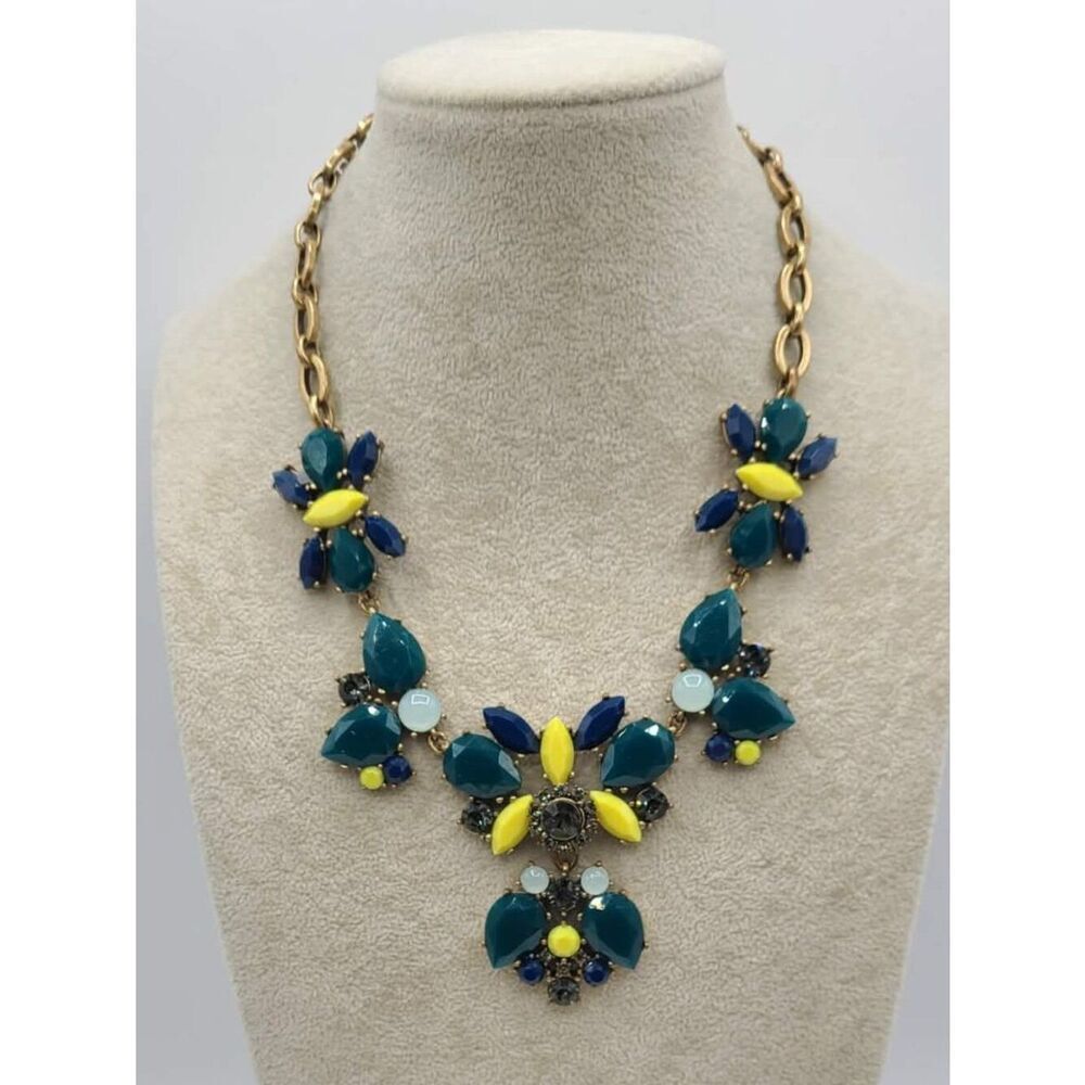 J Crew Green Blue Gold White Resin Gold Tone Statement Necklace